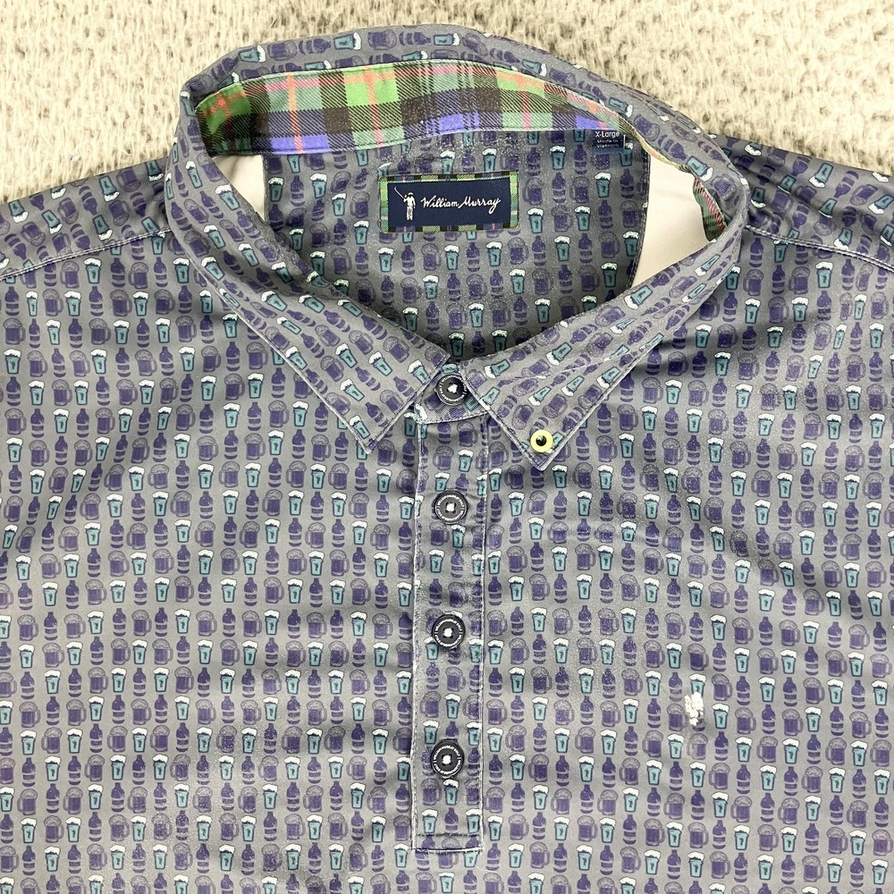 William Murray Polo Shirt Mens XL Blue Beer Print Golf Performance Stretch‎